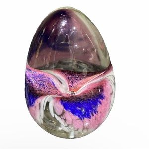 VTG GES 1990  Egg Glass Eye Studio Art Paperweight Pink Blue White Flower Form